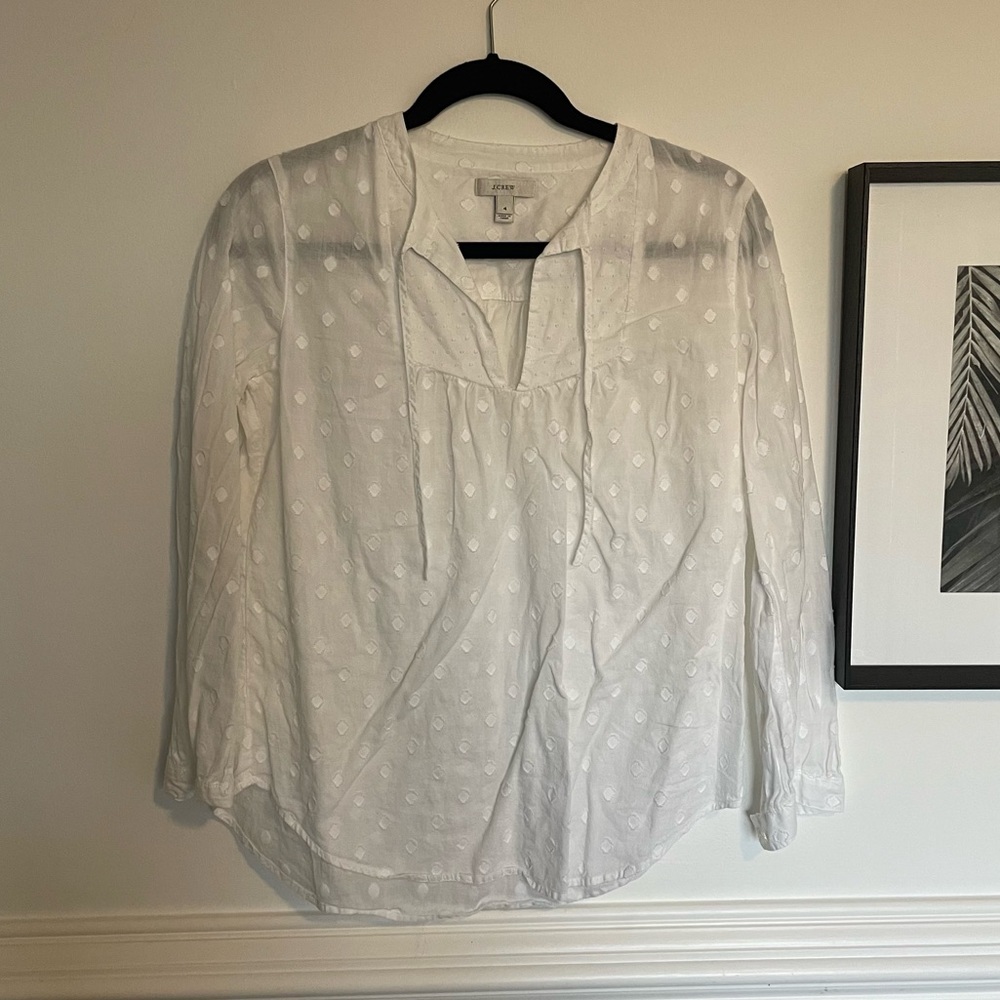 J Crew white blouse with polka dots